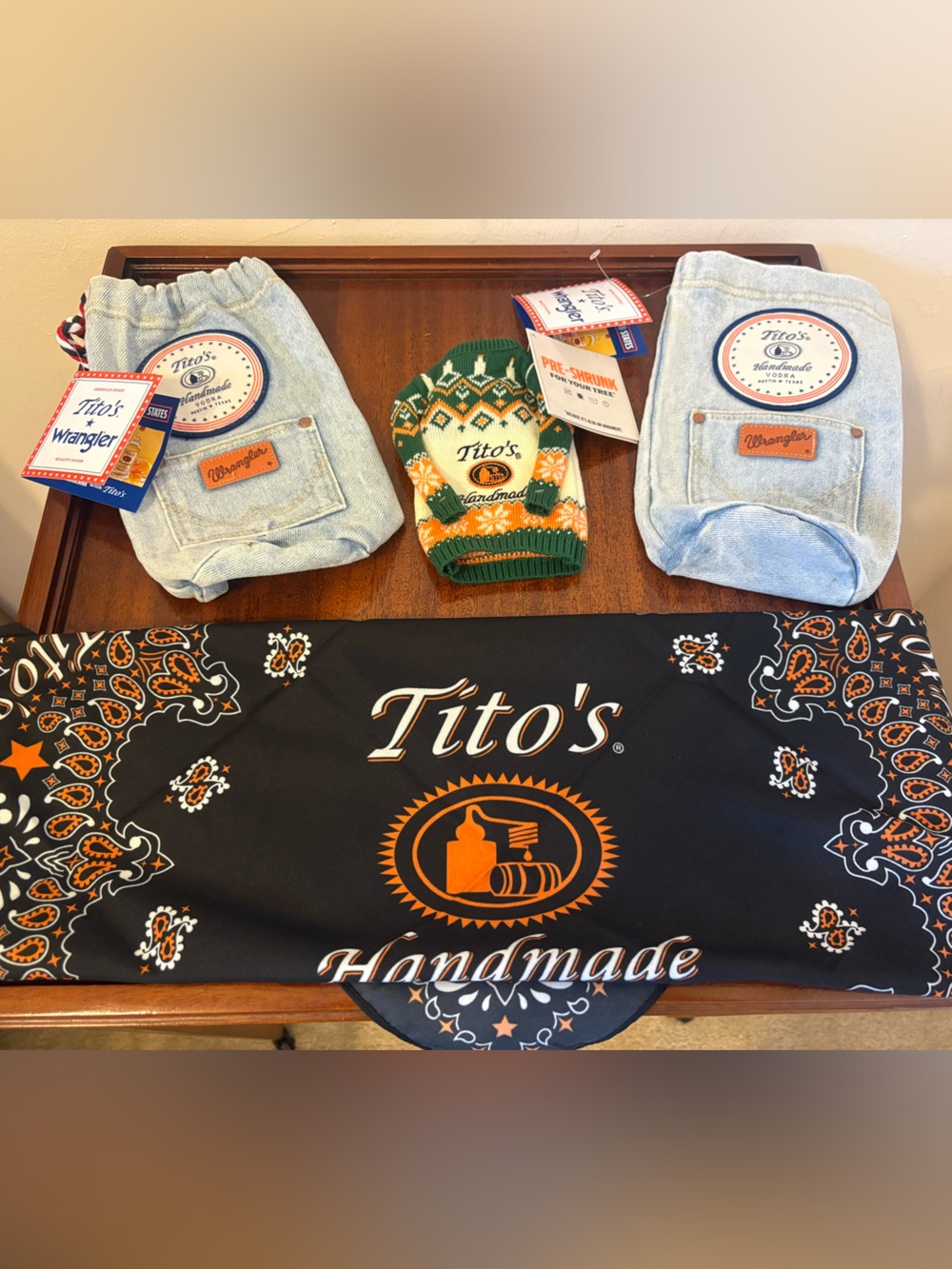 Tito’s Vodka Denim Gift bags & Christmas Bottle Sweater with a Bandana